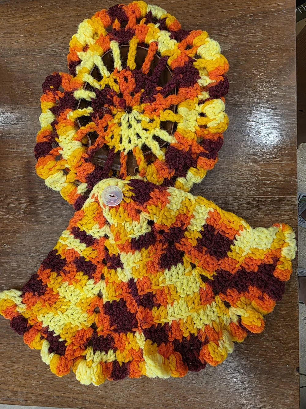 Handmade Crochet Doll Poncho & Bonnet Set in Yellow, Orange & Brown